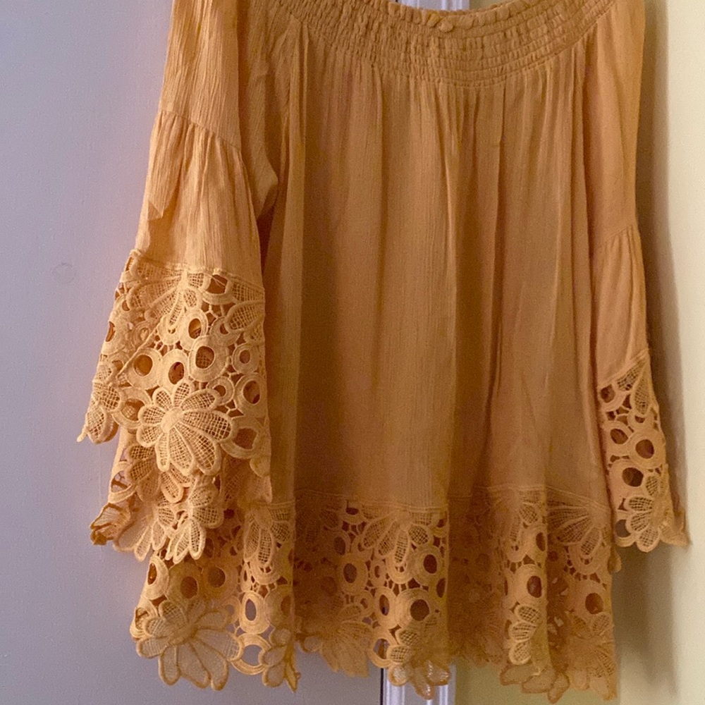 Gold mustard color top lace on sleeves and bottom